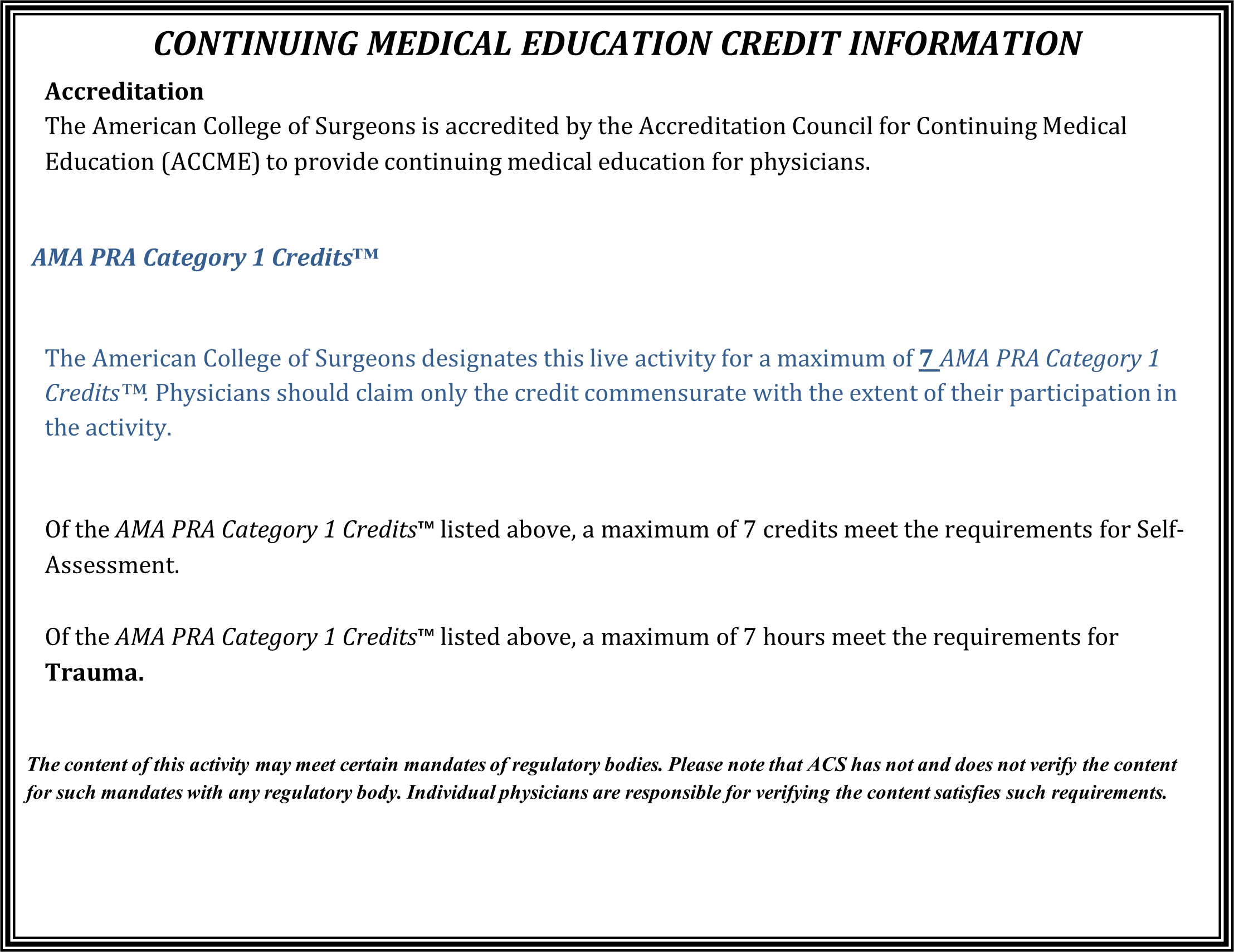 continuing medical education credit infomration